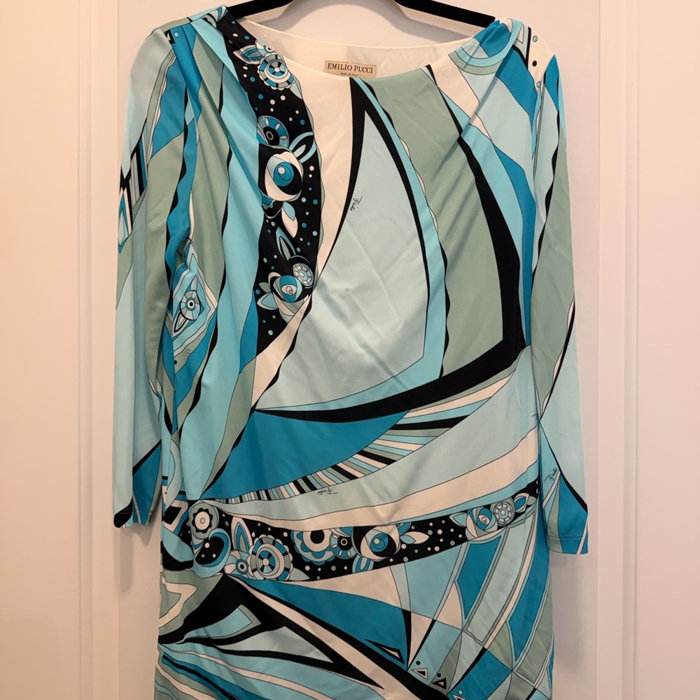 Emilio Pucci Aqua, Turquoise & Black Long Sleeve Abstract Print Dress
